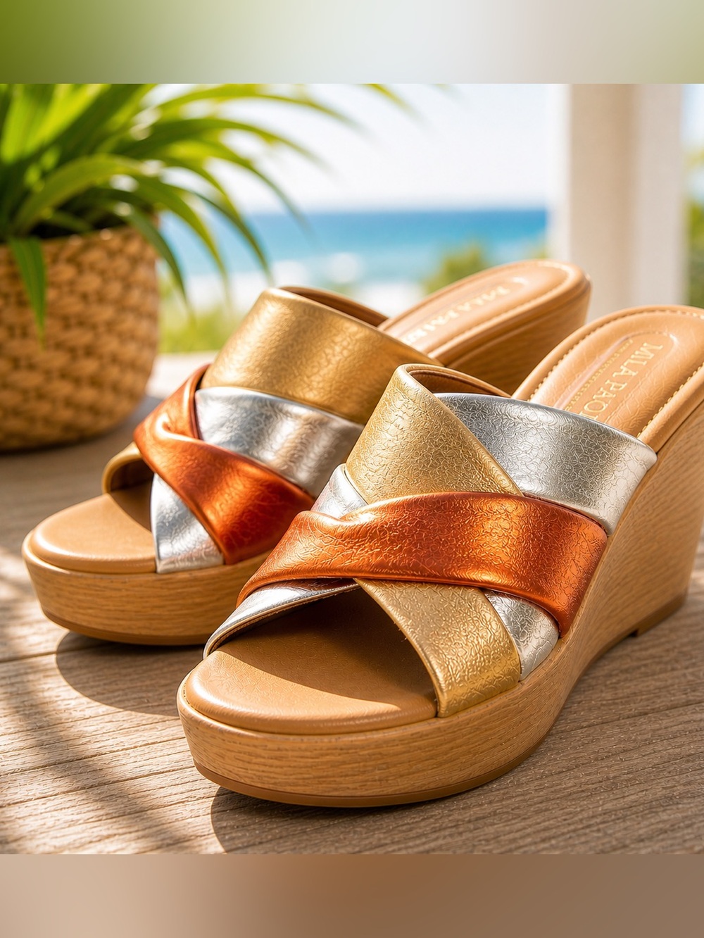 Mila Paoli Italian Leather Wedge Sandals Metallic Platform Slides Women 8.5